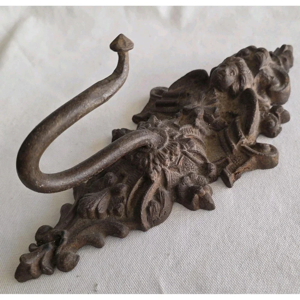 Antique Baroque Victorian Cherub Angel Wall Mount Coat Hook Ornate. Cast Iron.